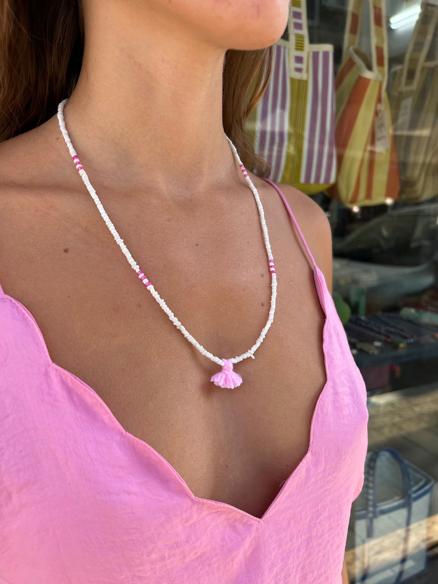 Shanti Necklace - White with Pink Pompom