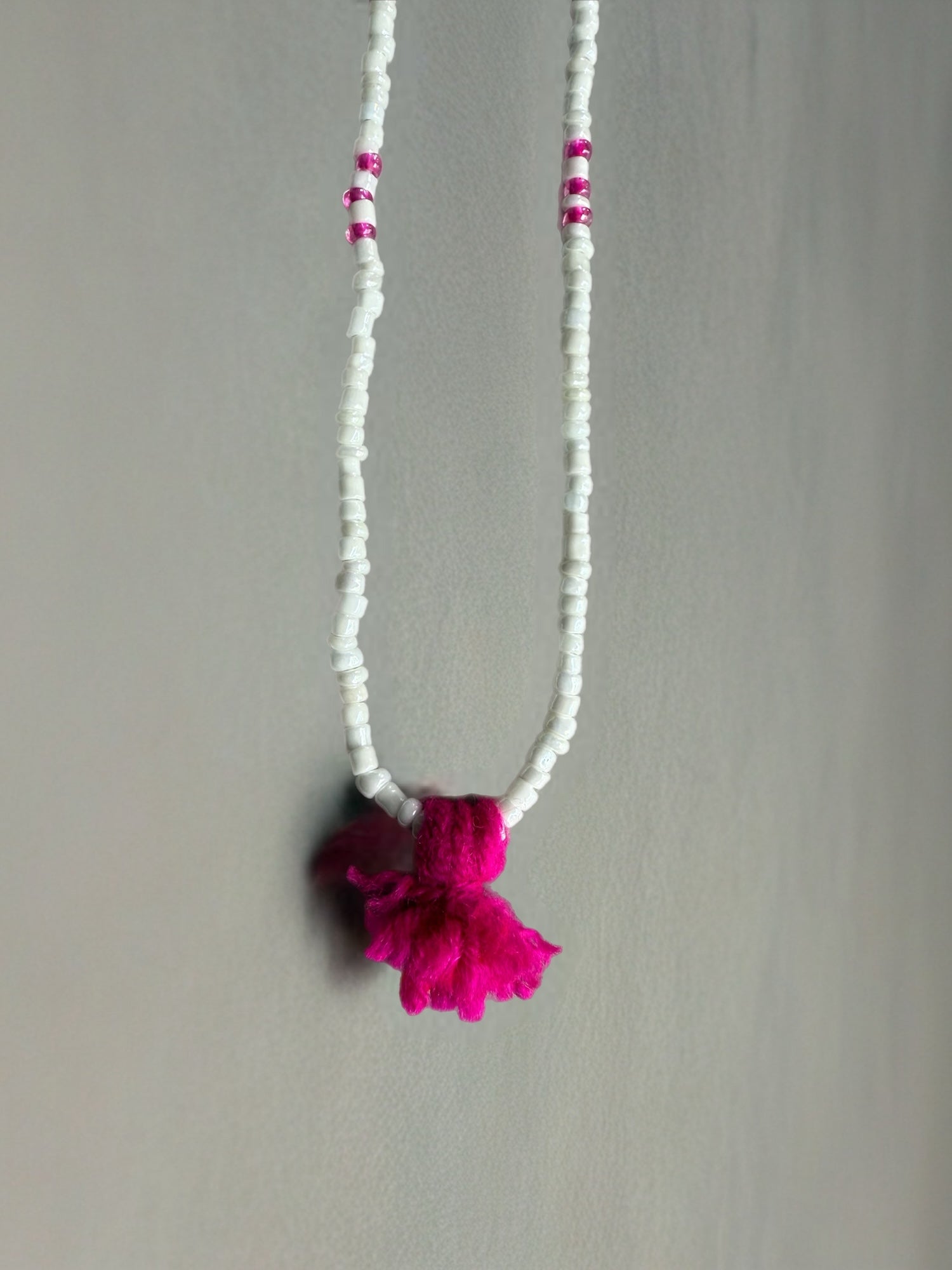 Shanti Necklace - White with Fuschia Pompom